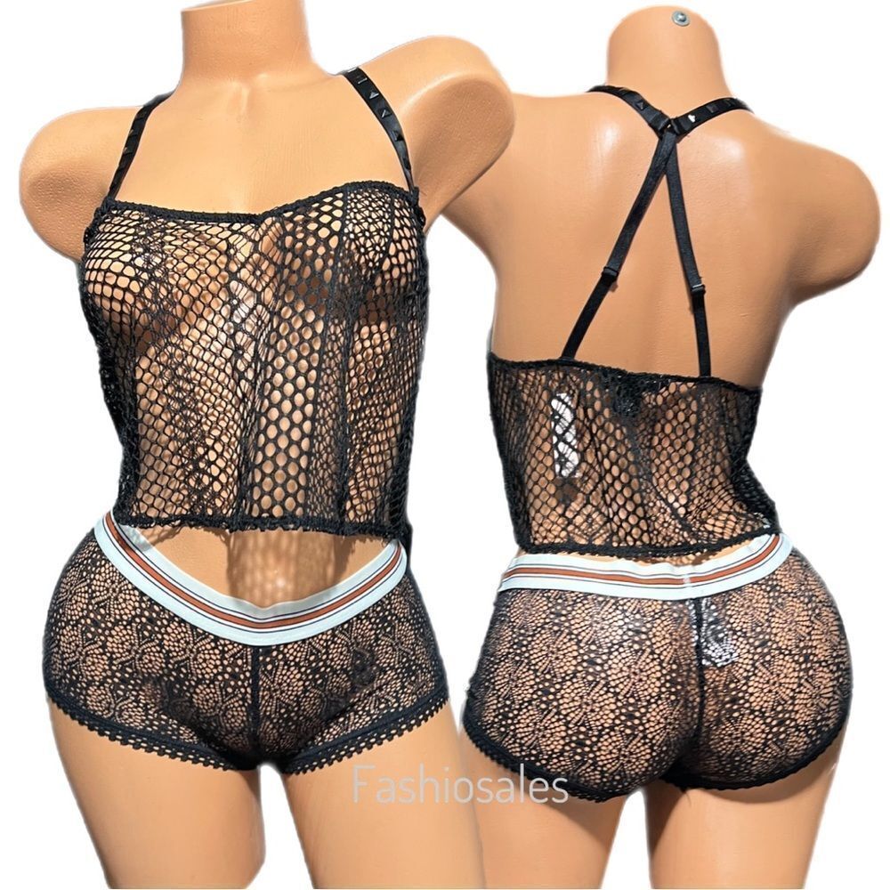 Victoria’s Secret Fishnet Lingerie Set sheer crop top and Shortie panty black S